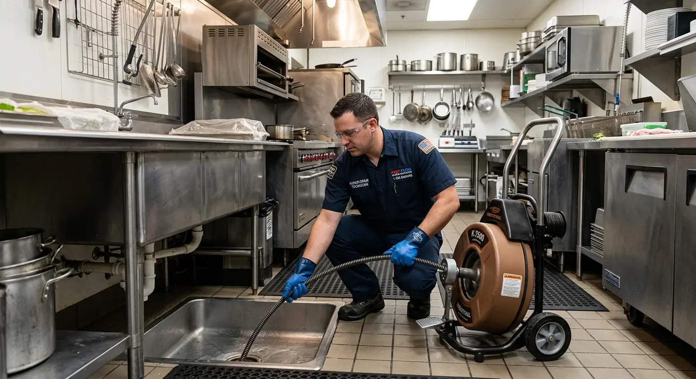 Commercial drain cleaning service in a restaurant kitchen in Oildale