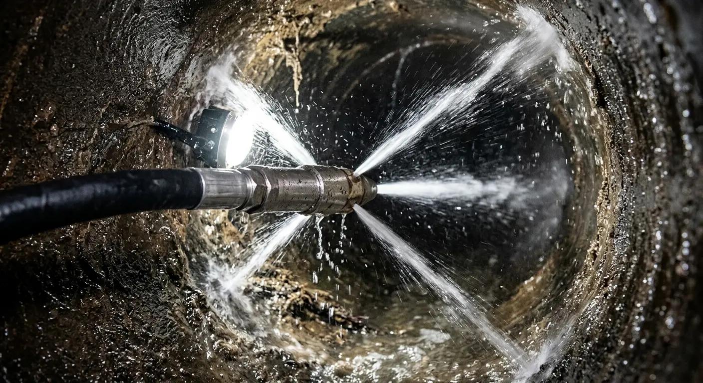 High-pressure hydro jetting nozzle cleaning sewer pipe for Emergency Drain Service in Oildale