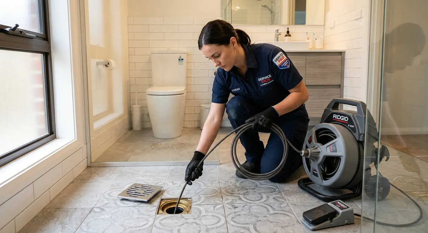 Technician clearing a bathroom floor drain for Sewer Line Replacement in Oildale